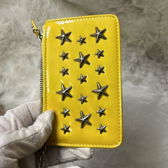 Jimmy Choo Yellow patent leather star studded keychain cardholder pouch - Picture 15 of 16